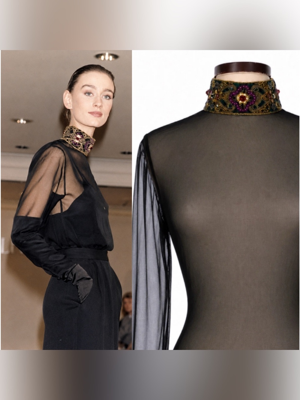 80s Runway Ralph Lauren Collection Beaded High Neck Sheer Silk Blouse Formal Top